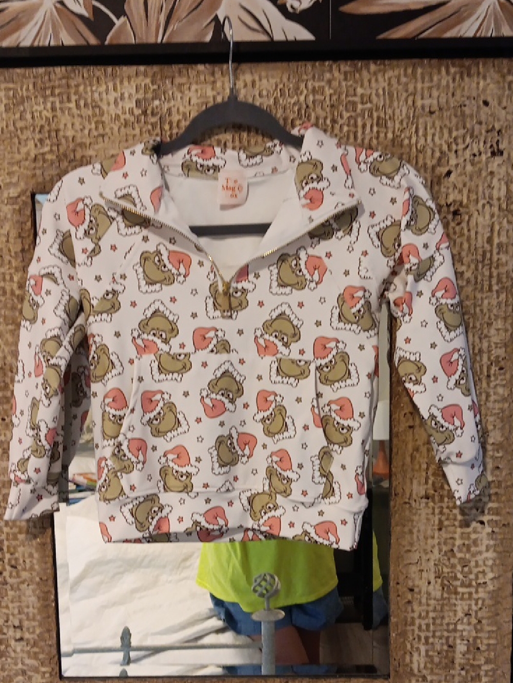 Cute Grinch Print Pullover - White with Pink & Olive